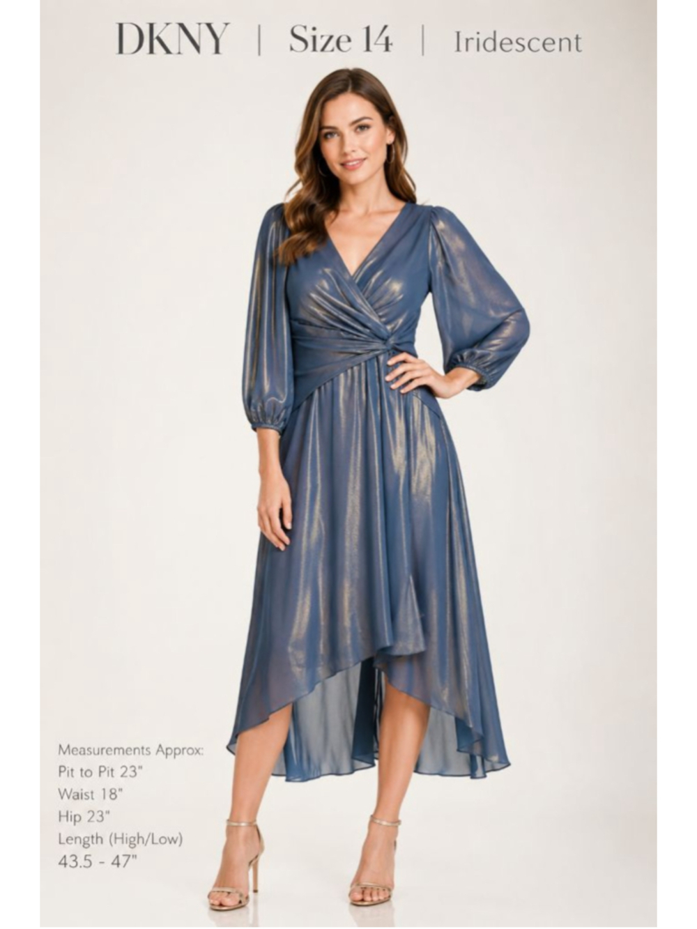 DKNY Iridescent Metallic High Low Dress Size 14 Blue Shimmer Cocktail Wedding